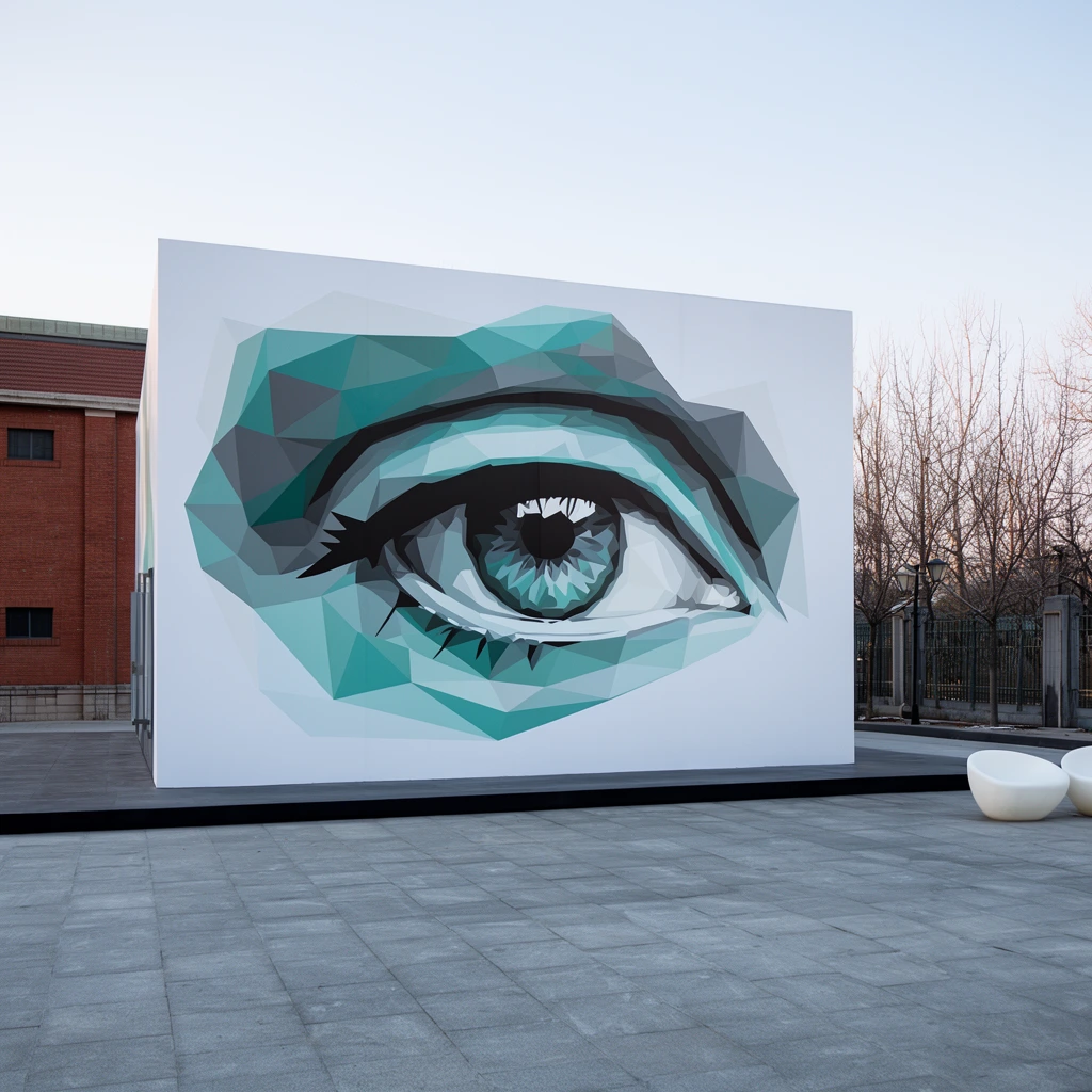 Large white cubic pavilion in a paved plaza, featuring a giant low-poly geometric mural of a human eye in teal and grey, structure resting on a low dark platform, expansive grey stone foreground, two white bowl-shaped seats, red brick building in the left background, bare winter trees and fencing on the right, soft natural daylight, wide architectural shot