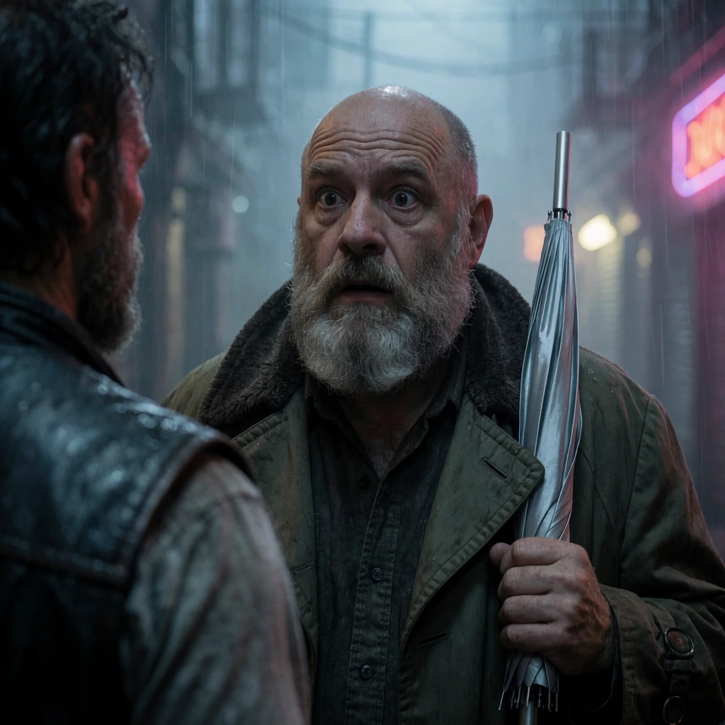 rugged bald older man with thick grey beard, bewildered expression, heavy olive-green trench coat, cinematic medium close-up, over-the-shoulder framing of partially visible second character in leather vest, metallic silver umbrella, foggy rainy neon-lit alleyway background, shallow depth of field, anamorphic lens, cool-toned moody lighting