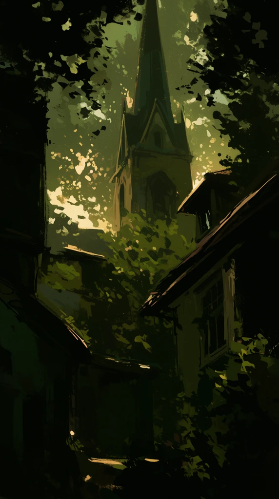 A towering church spire rising behind a dense cluster of trees and buildings, rendered in an atmospheric, painterly digital illustration style. Deep, rich moss greens, dark olive tones, and heavy, ink-black shadows dominate the composition, contrasting sharply with warm, pale yellow dappled sunlight piercing through the dense atmosphere. The foreground structures and foliage are depicted with broad, confident brushstrokes and stark chiaroscuro, forming dark, textured silhouettes that vignette the scene and guide the eye toward the softly illuminated church tower in the distance. The conceptual art rendering features loose, expressive edge work, emphasizing a moody, overgrown environment with volumetric lighting and glowing highlights catching the rough architectural forms and leafy textures.