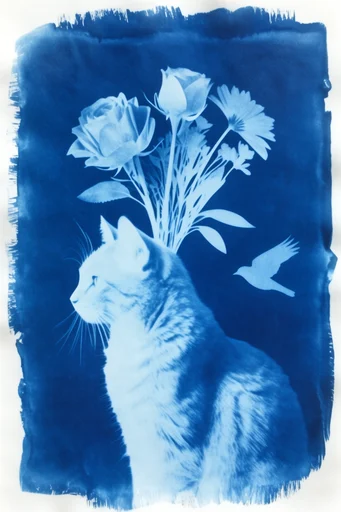 Ethereal Botanical Cyanotypes style reference image — textured watercolor paper