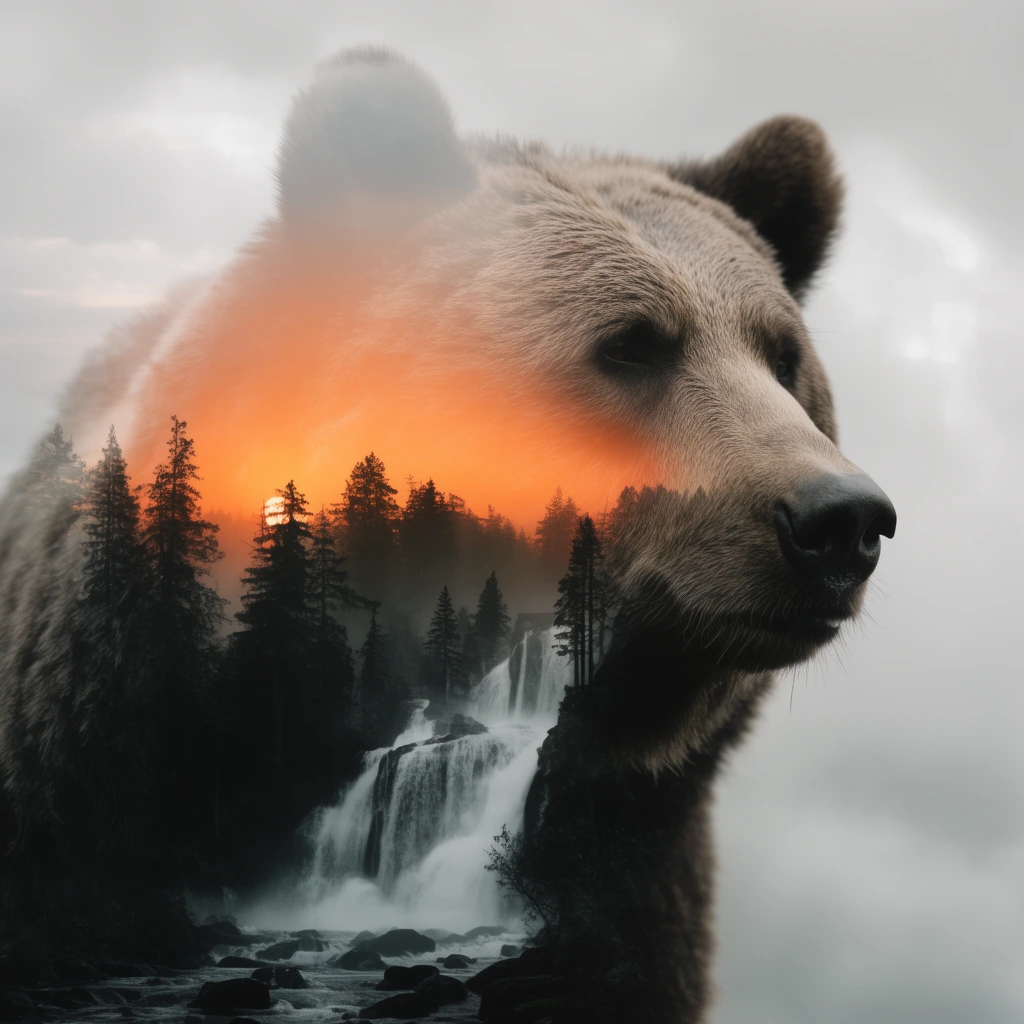 double exposure profile of a bear, inner landscape of dark pine silhouettes and a cascading waterfall, glowing orange sunset within the animal form, soft overcast grey sky background, ethereal nature art
