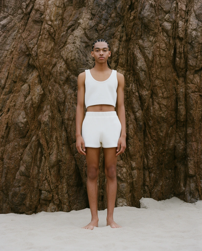 A full-body fashion editorial portrait of a young person with braided hair standing barefoot on fine light sand. They wear a soft white scoop-neck crop top and matching high-waisted shorts, holding a relaxed, symmetrical pose with arms resting at their sides and a calm expression. A massive, rugged cliff face entirely fills the background, featuring deep vertical crevices and rich earthy brown and grey tones. The centered composition utilizes soft, diffused natural lighting to emphasize the stark textural contrast between the pristine lounge attire and the rough geological formations.