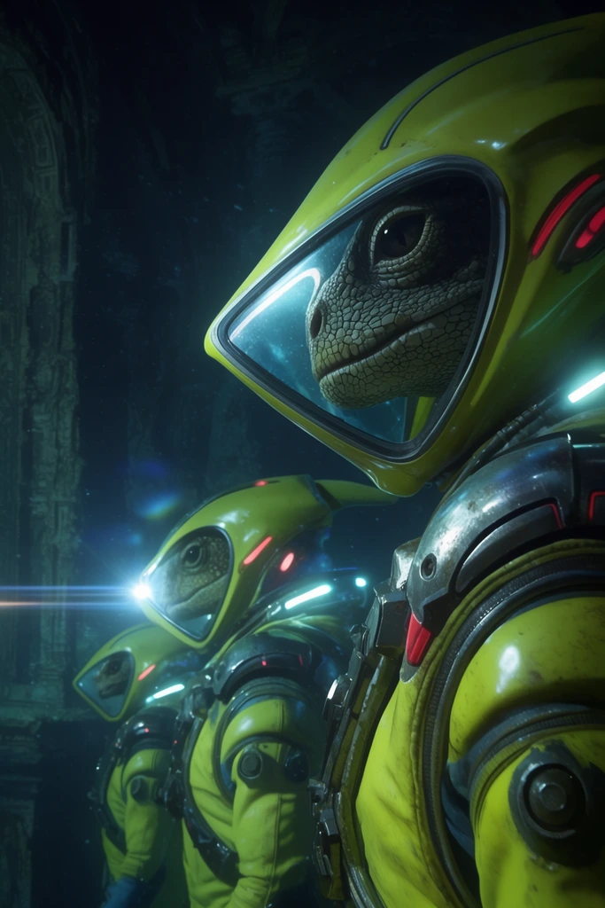 close-up profile of three reptilian explorers, sleek neon-yellow aquatic pressure suits, sharp triangular visors revealing scaly faces, heavy metallic shoulder plating, glowing red accents, submerged in a dark ruined underwater temple, low-key lighting, harsh cyan rim lights, striking horizontal lens flare, claustrophobic framing, cinematic composition, high contrast, highly detailed photorealistic textures
