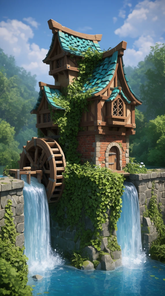 Stylized fantasy watermill on a stone dam, multi-level wooden and brick buildings with teal tiled roofs, heavy green ivy overgrowth, twin waterfalls cascading into a blue pool, wooden water wheel, lush forest background, bright daylight, 3D rendered