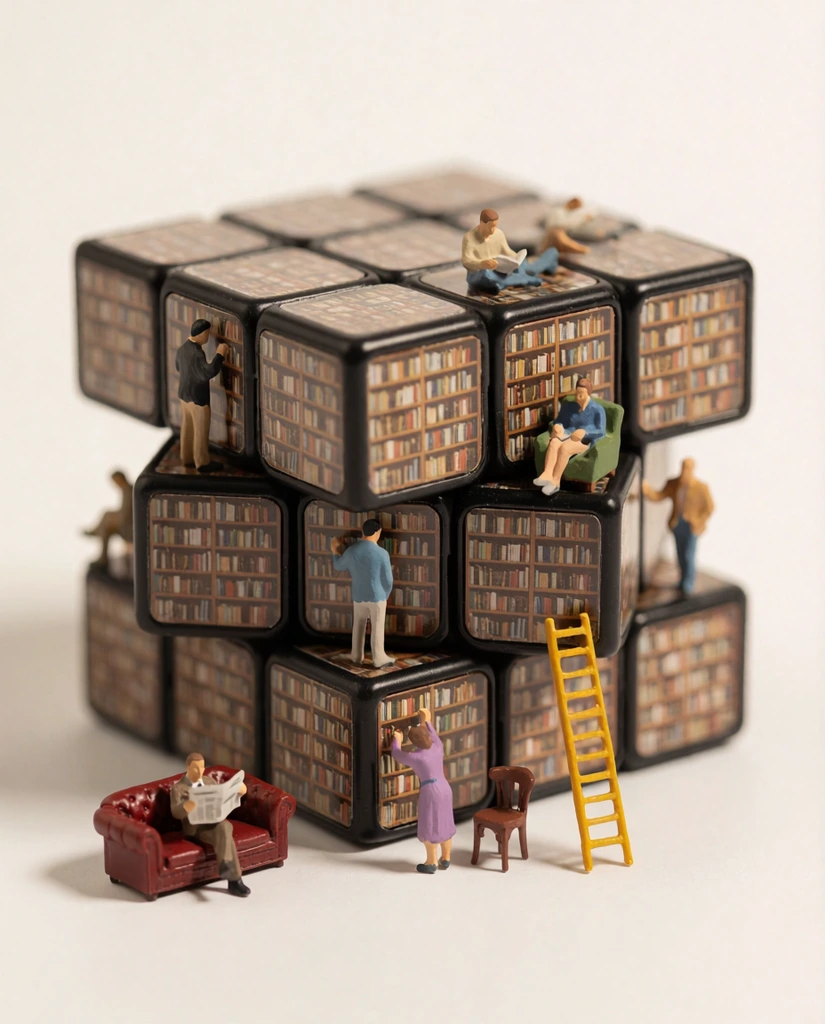 A macro photograph of miniature human figurines interacting with a segmented black puzzle cube where every square panel displays a tiny, tightly packed bookshelf. The cube's middle tier is slightly twisted out of alignment, creating protruding ledges that serve as floors for the tiny readers. On the seamless white ground, a man reads a newspaper on a miniature red leather sofa, while a woman in a purple dress reaches for a shelf near a small wooden chair. A yellow ladder leans against the cube's face, leading to upper levels where figures stand on the blocks, sit in a green armchair, or lounge on the top surface reading. Shot with a shallow depth of field typical of tilt-shift photography, the scene is illuminated by soft, warm studio lighting that casts gentle shadows, emphasizing the surreal contrast in scale between the library blocks and the tiny people.