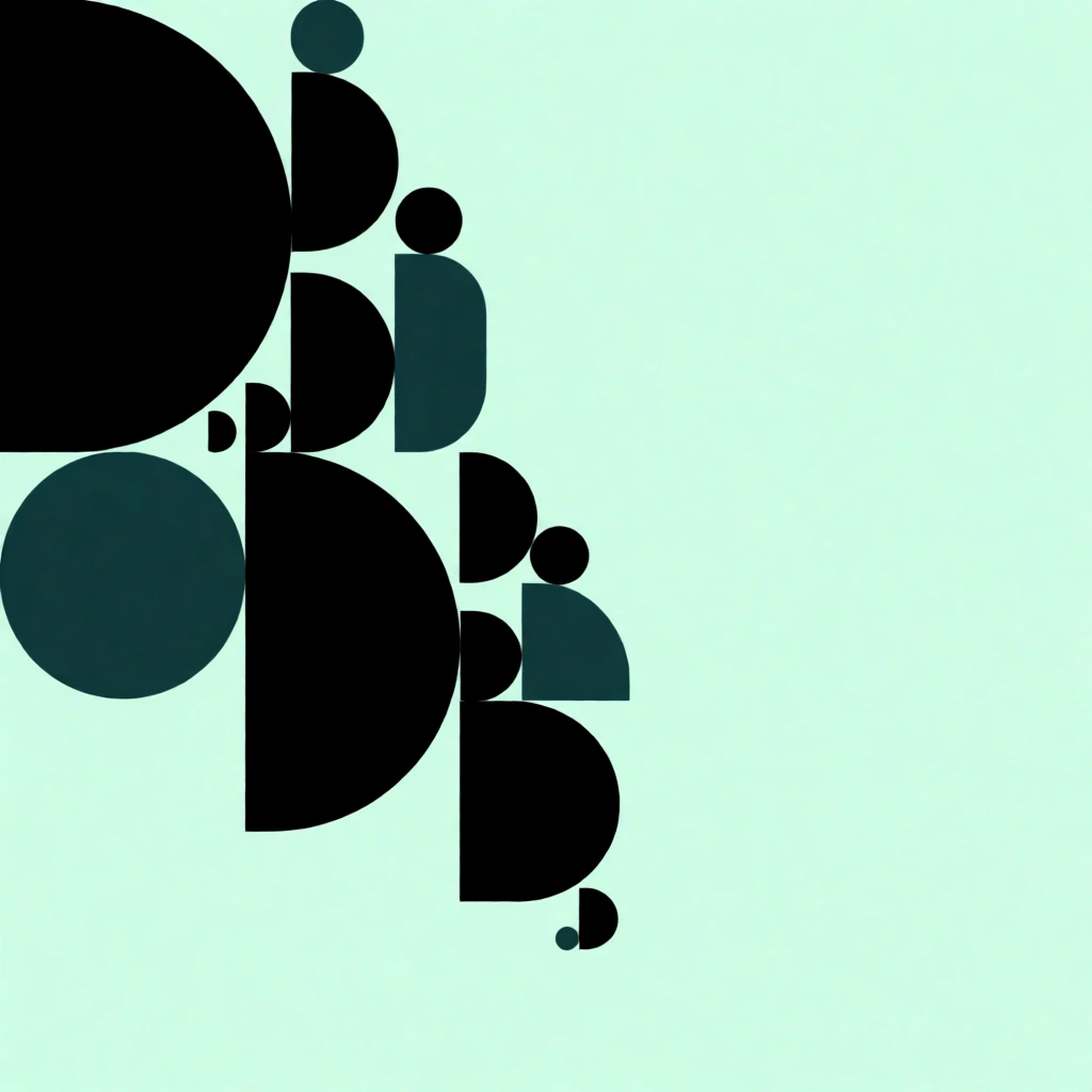 A minimalist graphic composition featuring a cluster of bold, flat geometric shapes arranged asymmetrically on the left side of a solid light mint green canvas. The abstract forms consist of stark black and dark teal silhouettes characterized by smooth curved arches, precise vertical lines, and circular enclosures. These elements vary significantly in scale, with massive dominant structures juxtaposed against tightly grouped diminutive forms. The arrangement cascades diagonally from the top left toward the bottom center in a staggered formation. The interplay between the dense black shapes and the muted dark teal elements creates a striking visual contrast against the pale mint background, utilizing vast empty negative space on the right to emphasize a strict, clean-edged modern aesthetic.