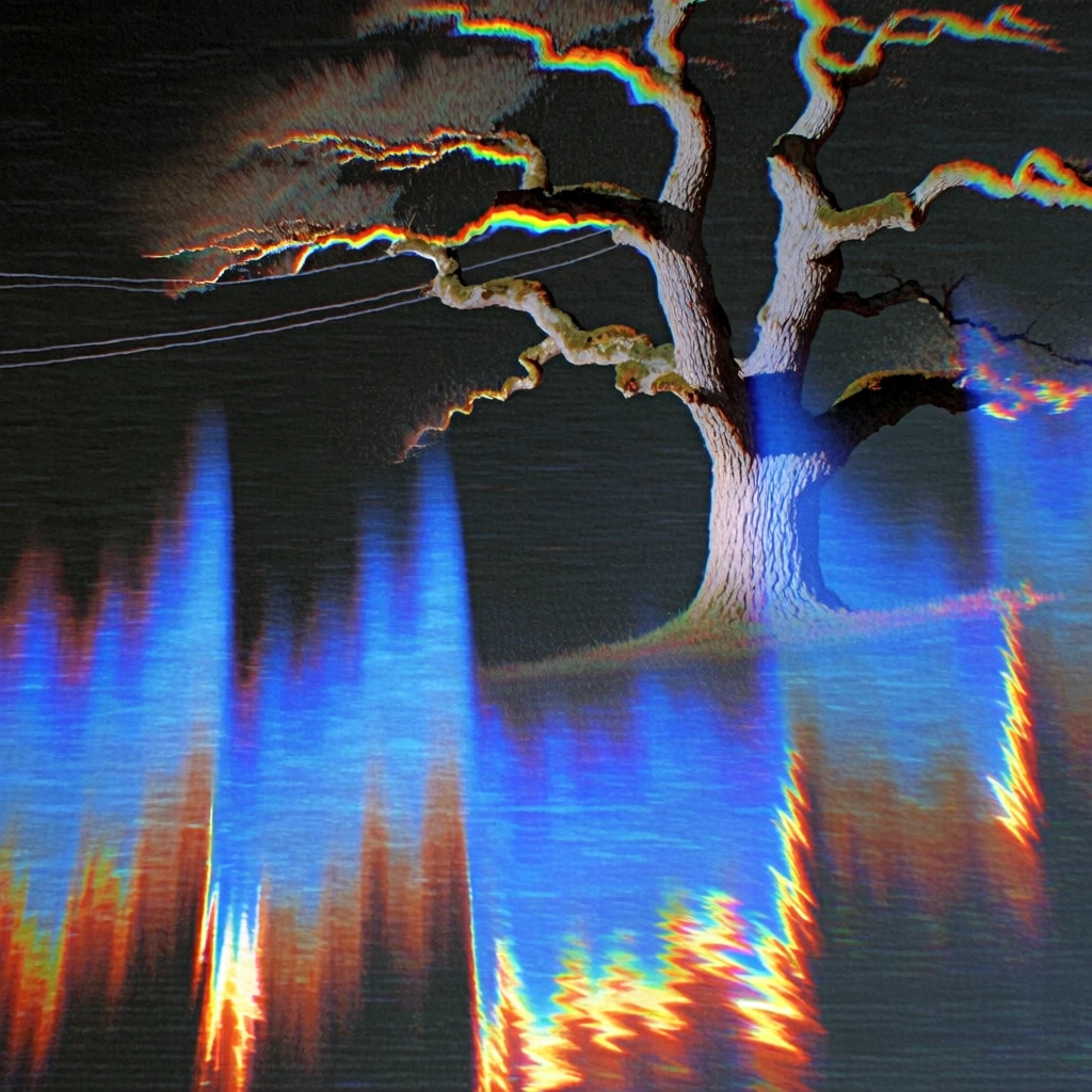 massive ancient gnarled oak tree with twisted branches, single sagging power line, surreal floating perspective in a vast dark void, vhs glitch aesthetic, heavy scan lines, analog video distortion, jagged sawtooth chromatic aberration, vibrant electric blue and fiery orange light streaks, lo-fi analog texture, high contrast, dreamlike psychedelic atmosphere, cinematic low angle, 90s camcorder artifacts, vertical light distortion, ethereal lo-fi glow.
