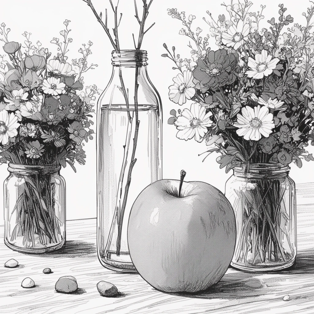 black and white still life illustration, manga halftone screentone shading, tall glass water bottle with bare stems, centered round fruit, two glass jars filled with dense floral bouquets, scattered foreground pebbles, wood grain table surface, delicate pen linework