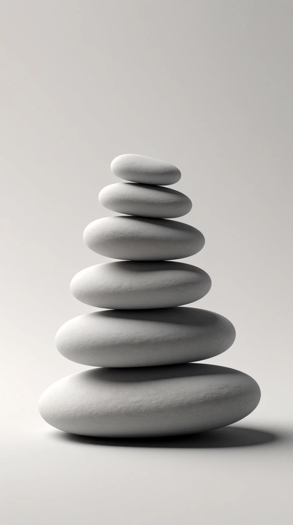 perfectly balanced stack of seven smooth matte light grey stones, zen cairn formation decreasing in size upwards, seamless neutral pale grey background, soft directional studio lighting from top left, smooth gradient shadows, minimalist monochromatic aesthetic, fine unglazed ceramic texture, clean centered composition
