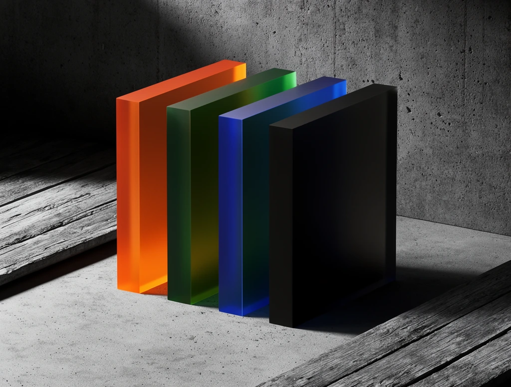 Four vertical frosted acrylic blocks in orange, forest green, blue, and black stand aligned on a textured concrete surface between rough grey wooden planks. A brutalist cement wall forms the backdrop. Dramatic upper-left lighting illuminates the vibrant slabs' semi-translucent edges, casting sharp diagonal shadows across the porous monochromatic environment to create a stark, high-contrast minimalist geometric composition.
