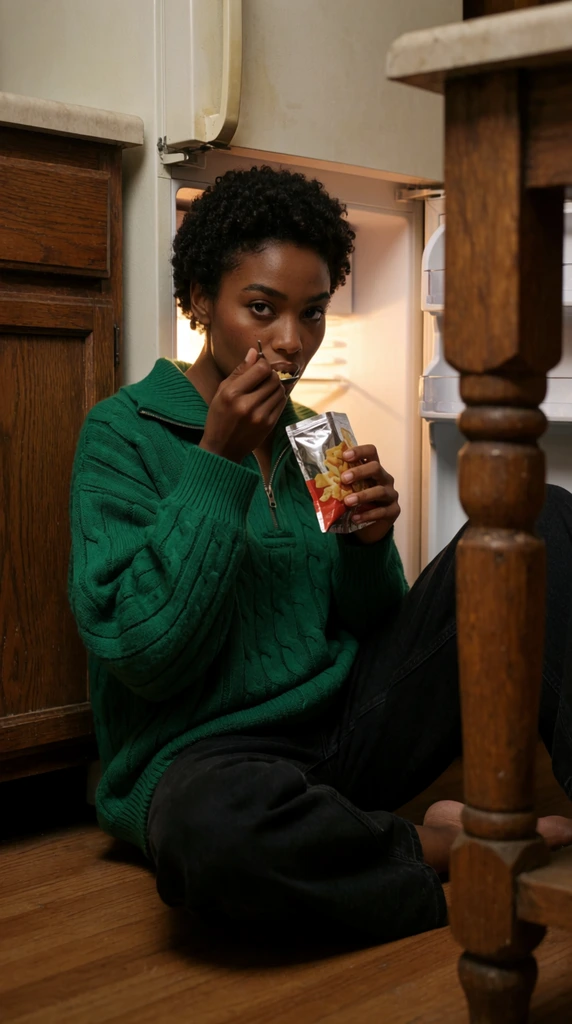 A young Black woman with short curly dark hair sits on a wooden kitchen floor eating from a small foil snack pouch. She wears an oversized emerald green cable-knit sweater with a half-zip collar and loose black denim jeans, holding a spoon to her lips while gazing directly at the camera. She rests between dark wooden cabinets on the left and a partially open, illuminated white mini-fridge behind her. A heavy wooden counter leg in the right foreground creates a tight, voyeuristic framing. The editorial lifestyle photograph features moody cinematic lighting, warm earthy tones contrasting with the fridge's cool glow, and a shallow depth of field emphasizing an intimate, casual atmosphere.