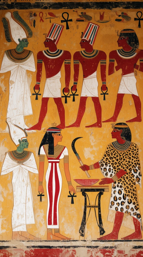 ancient Egyptian wall mural on distressed ochre plaster, linear composition of flat profile figures, green-skinned figure in white linen with a tall feathered crown, red-skinned men in white kilts and striped headdresses grasping ankhs, woman in a fitted white and red dress, man in a spotted leopard skin robe holding a curved ceremonial tool over a small altar table, stylized two-dimensional perspective, cracked paint texture, warm earthy color palette of yellow red and black