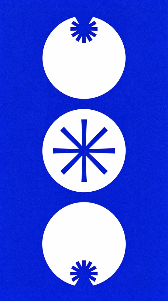 three white geometric circular symbols stacked vertically, vibrant cobalt blue background, top white circle with a small starburst notch cut from its top edge, middle white circle containing a large central radial asterisk cutout, bottom white circle with a small starburst notch at its bottom edge, minimalist graphic design, flat iconography, bold high contrast two-color palette, perfect vertical alignment, symmetrical composition, subtle grainy risograph print texture
