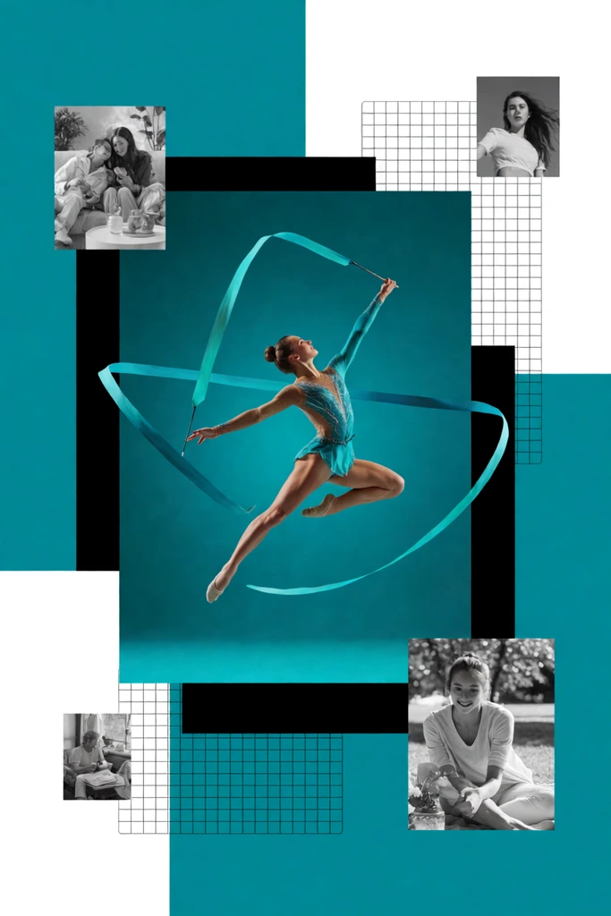 female gymnast mid-leap holding a ribbon, teal leotard, layered over a modernist collage of geometric teal and black panels, scattered monochrome lifestyle photos, wireframe grids, dynamic layout