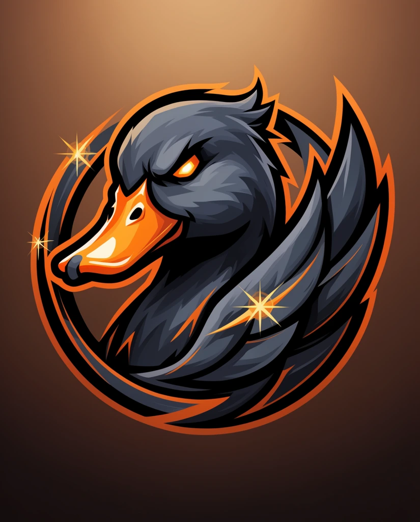 A stylized vector emblem of a fierce dark gray duck with glowing orange eyes and a glossy orange bill. Layered sweeping feathers form a dynamic circular shield framed by bold orange and charcoal outlines. Golden starburst sparkles highlight the bill and wingtips. The crisp cell-shaded graphic is centered on a radial gradient background transitioning from warm bronze to deep brown, emphasizing high contrast and sharp geometric angles.
