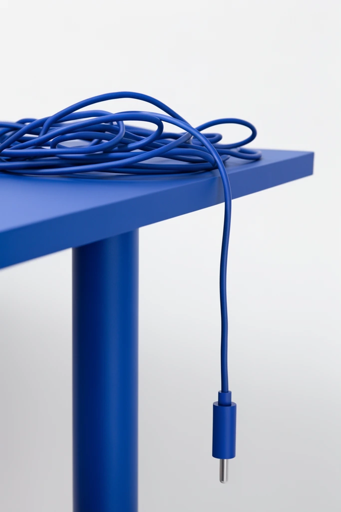 cobalt blue minimalist table corner and matching tangled cable, thick smooth cylindrical matte blue leg beneath a flat rectangular surface, bundled blue wire resting loosely on top, single cord dangling downwards over the edge terminating in a cylindrical blue plug with a silver metallic tip, chaotic wire loops contrasting with clean geometric lines, stark white background, soft diffused studio lighting, gentle gradients on the leg, sharp focus, monochromatic still life product photography, modern industrial design