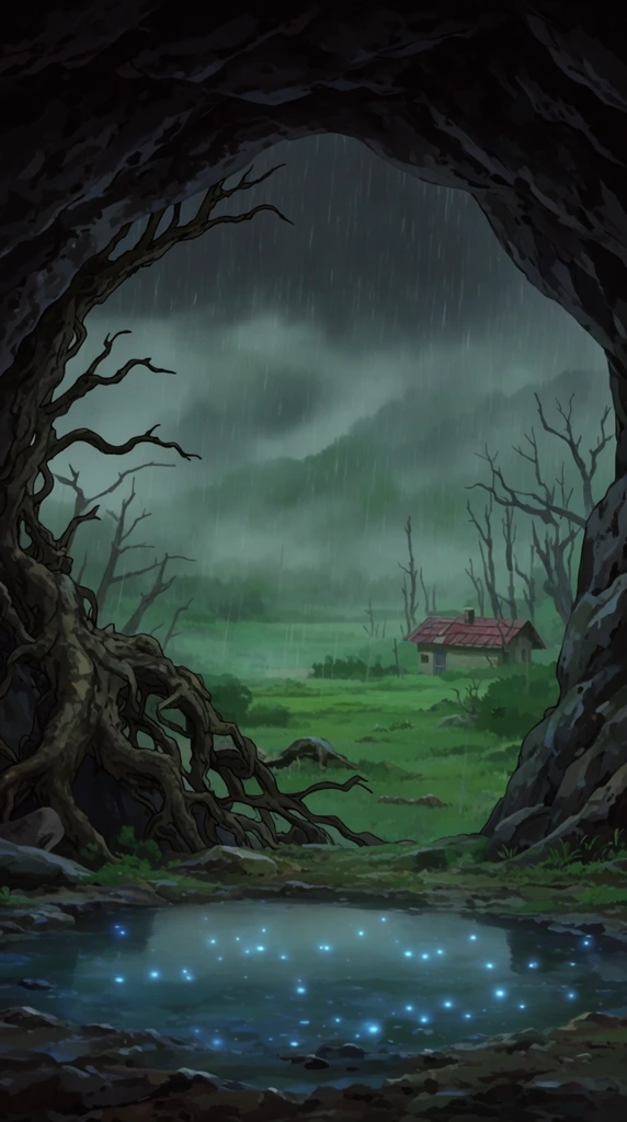 dark rocky cave framing a misty green landscape in heavy rain, twisted barren tree roots, foreground pool with glowing blue specks, distant small house and dead trees, moody 2D animation background art