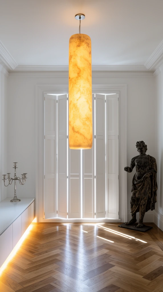 An architectural interior anchored by a glowing, elongated cylindrical pendant light with a warm marbled texture suspended from a white ceiling. A herringbone wood floor reflects sunlight piercing through the vertical gaps of closed white window shutters. A low white cabinet on the left features hidden warm under-lighting and holds a silver candelabra. To the right, a dark, weathered standing statue rests on a flat base. Pristine white walls with classic crown molding frame the minimalist space, creating stark contrast with the luminous amber lighting.