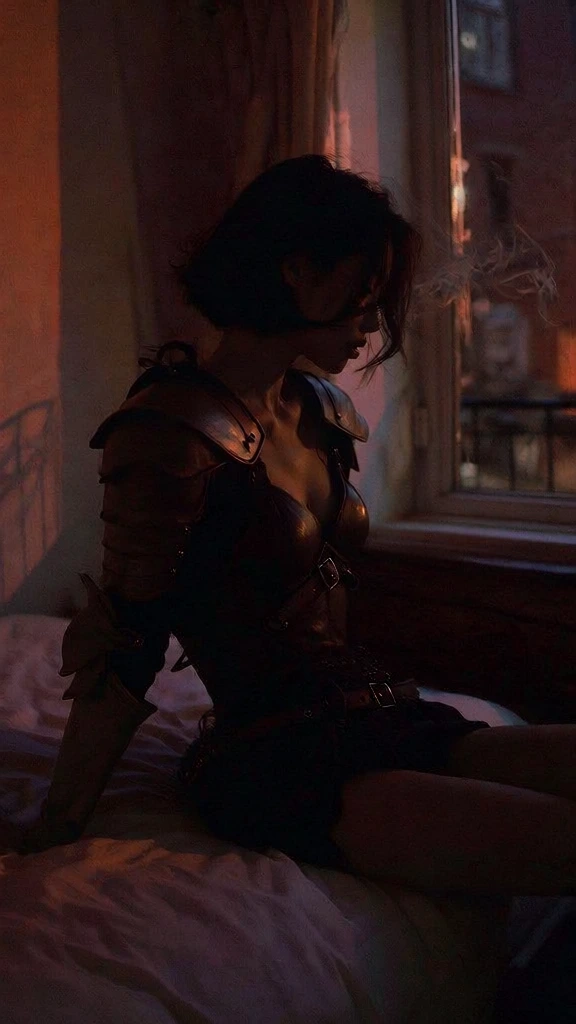 low light cinematic photography, moody atmosphere with deep shadows and warm orange highlights from an external light source, silhouette of a person sitting on a bed near a window, person wearing intricate full leather armor with metallic buckles and straps, gritty film grain, 35mm aesthetic, soft wisps of smoke in the air, side profile view, dark reddish brown and amber color palette, intimate and melancholic mood, focus on leather textures, blurred urban exterior through the glass.