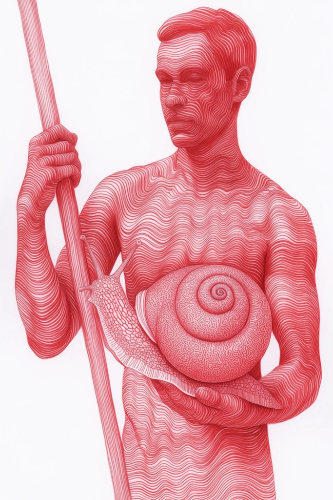 A man holding a tall staff and a snail rendered entirely in monochromatic crimson-red ink on a stark white background. The figure, staff, and snail are constructed purely from intricate, undulating parallel lines, resembling a precise topographic map or op-art contour drawing. The man's anatomical form is defined by flowing, continuous wavy lines that wrap around his structural contours to create a sense of volume and spatial depth. The staff he grasps features tight, linear red striations running along its length. The snail features a shell formed from dense, concentric red spirals and intricate labyrinthine cellular patterns. The fine red lines vary in density and spacing, generating the perception of three-dimensional shape, highlights, and shadow across the pristine white canvas through pure linear frequency and precise graphic strokes.