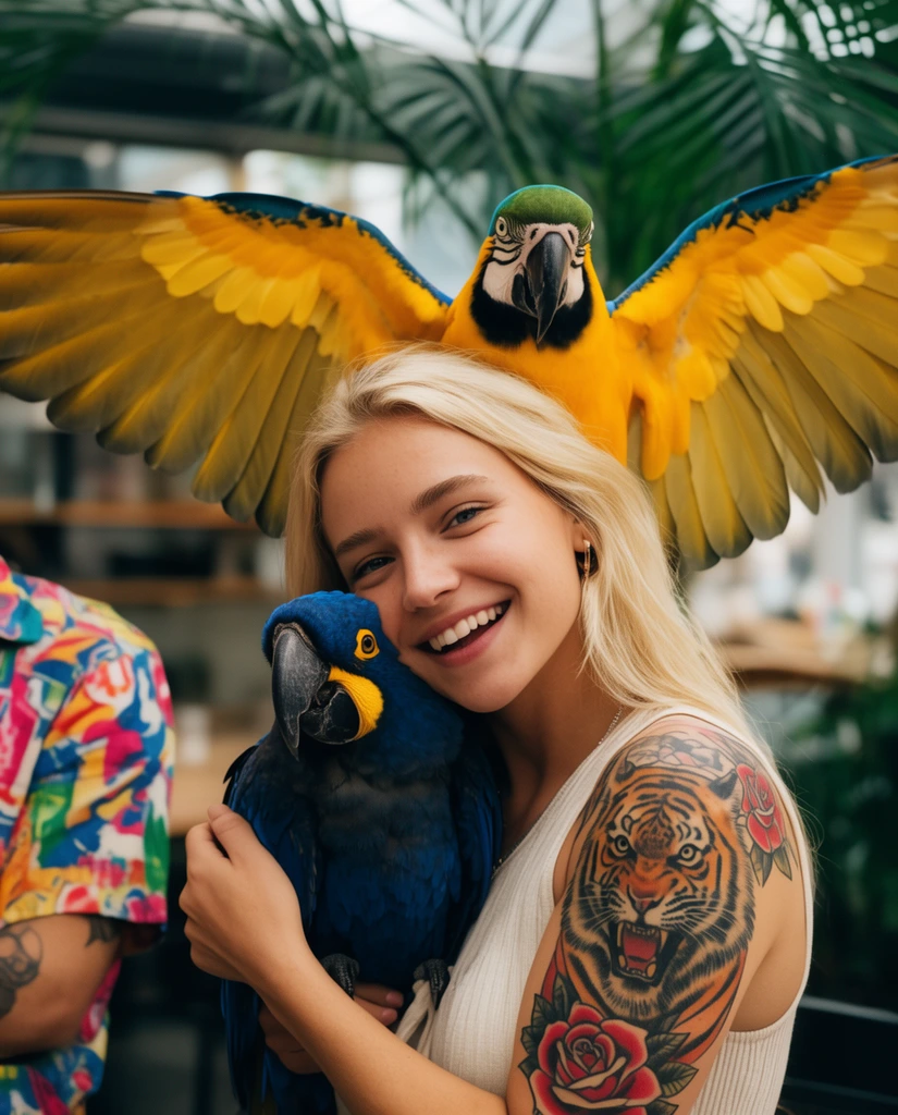 smiling young blonde woman cradling a dark blue macaw, blue and yellow macaw with spread wings immediately behind her head, large tiger and rose tattoo on right shoulder, partial arm in colorful shirt entering left frame, blurred indoor space with palm fronds, vibrant lighting, candid portrait, shallow depth of field