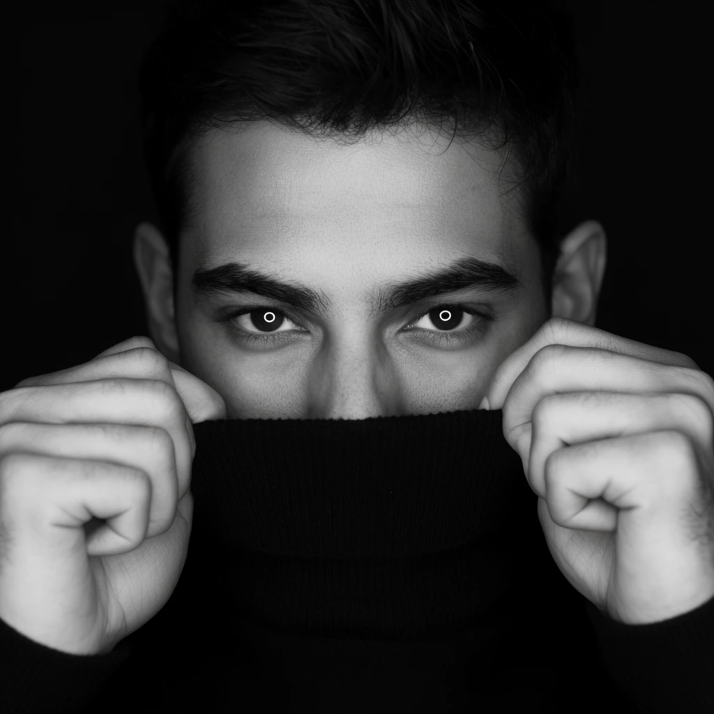 Black and white portrait, man pulling black turtleneck over his nose, intense eyes with ringlight reflections, hands gripping collar, solid black background, studio lighting