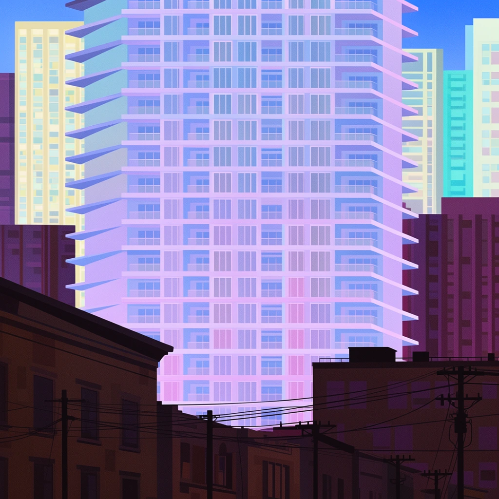 A stylized digital illustration of a dense cityscape dominated by a massive, geometric skyscraper rendered in pastel gradients of lavender, baby blue, and pale pink. The towering central structure features a complex grid of rectangular windows, recessed balconies, and protruding horizontal fins on its sides. In stark contrast, the foreground is anchored by older, darker, silhouetted brick buildings in deep browns and muted purples, overlaid with black utility poles and intersecting power lines that slice across the lower frame. Flanking the central monolith are other towering high-rises in pale yellow, cyan, and deep mauve under a sliver of clear blue sky. The artwork employs a flat aesthetic with crisp, rectilinear shapes, a subtle uniform film grain texture, and a retro-futuristic twilight color palette that emphasizes graphic composition over realistic volume.