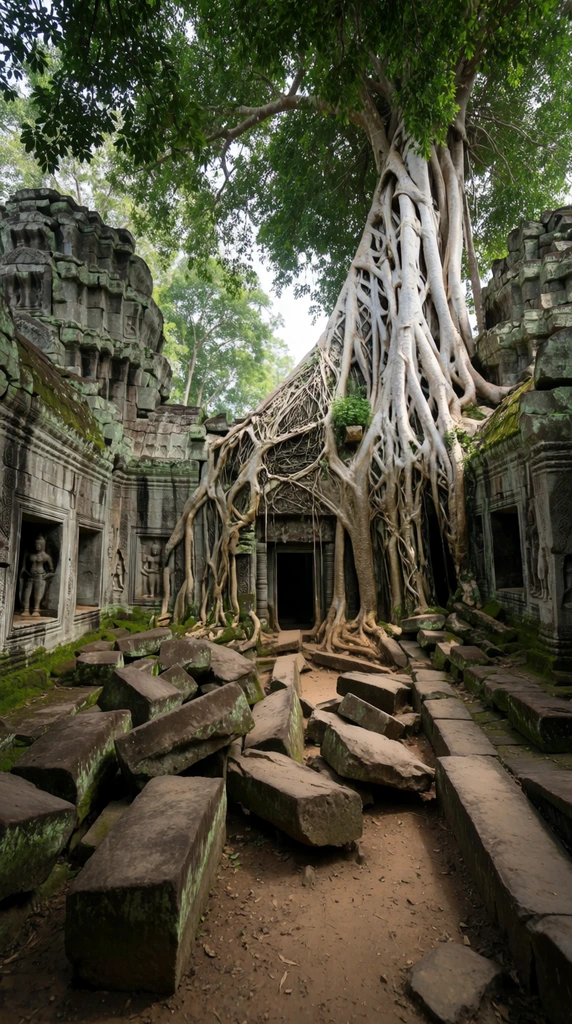 Thick, pale, sinuous tree roots cascade over intricately carved gray stone walls of an ancient jungle temple, heavily enveloping a dark rectangular doorway. The weathered masonry features bas-relief carvings of standing figures beside empty windows. A courtyard foreground is littered with massive, moss-covered rectangular stone blocks piled chaotically on the dirt. Lush green canopy foliage looms overhead, filtering soft natural light onto the damp ruins. Wide-angle landscape photography with deep depth of field captures the dramatic contrast between crumbling architecture and organic overgrowth.