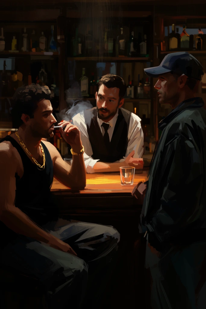 three men conversing in a dimly lit bar, painterly digital art, cinematic chiaroscuro, seated man in black tank top and gold chain smoking, center bartender in white shirt and vest leaning on wooden counter, standing man in profile with jacket and baseball cap, warm spot lighting pooling on counter, deep shadows, background liquor shelves, moody tension, loose expressive brushstrokes