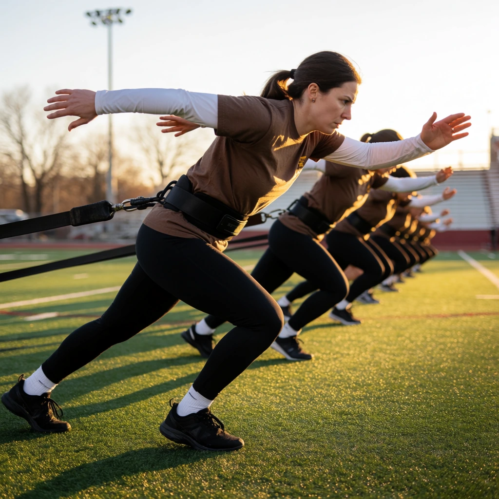 A female athlete performs a resistance training drill on a green artificial turf field during golden hour. In the foreground, a woman in a brown t-shirt over long white sleeves leans sharply forward in a sprint stance with arms outstretched. A thick black resistance band attaches to a heavy black waist belt, pulling her backward. Behind her, a receding diagonal line of athletes in matching apparel perform the identical drill against taut bands. Low-angle sunlight creates bright edge highlights and casts long shadows across the turf. The dynamic action shot uses a shallow depth of field, keeping the foreground figure sharp against a softly blurred background of stadium bleachers, bare trees, and tall light poles.