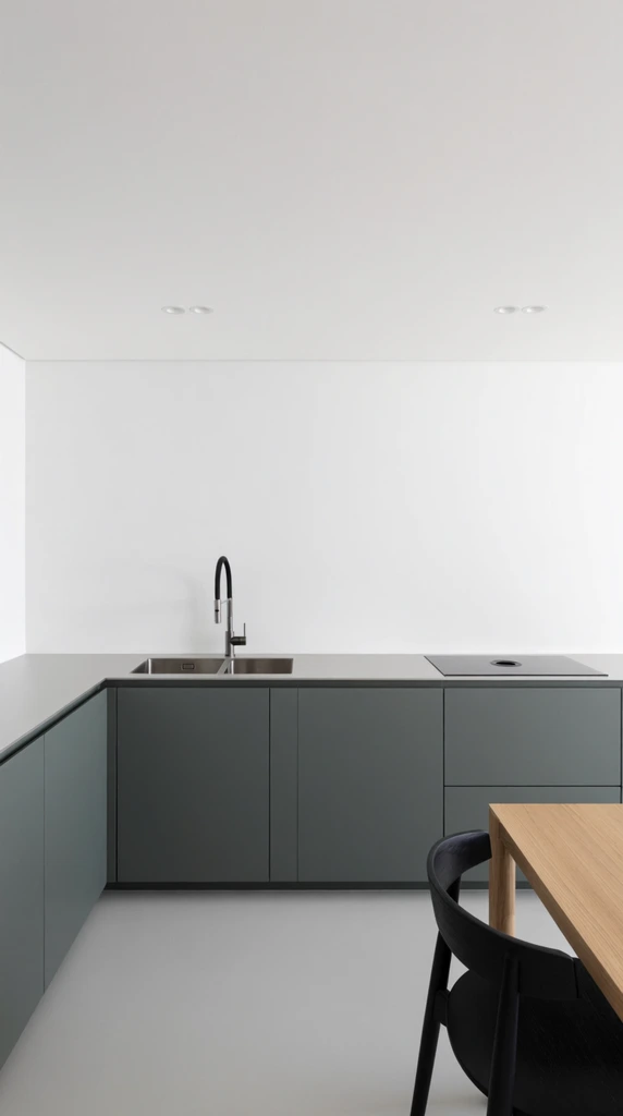 A minimalist modern kitchen interior showcasing an L-shaped counter of matte dark grayish-green cabinetry with flat, smooth panels. A light gray countertop features an under-mount stainless steel double sink, a high-arched black faucet, and a flush black cooktop. Pristine white walls and a flat white ceiling with recessed circular lights form the stark background above a continuous light gray floor. In the bottom right foreground, a light oak dining table pairs with the curved backrest of a matte black wooden chair. The architectural photography employs soft, diffuse lighting and a straight-on perspective to emphasize crisp geometric lines, clean surfaces, and a highly controlled, muted color palette.