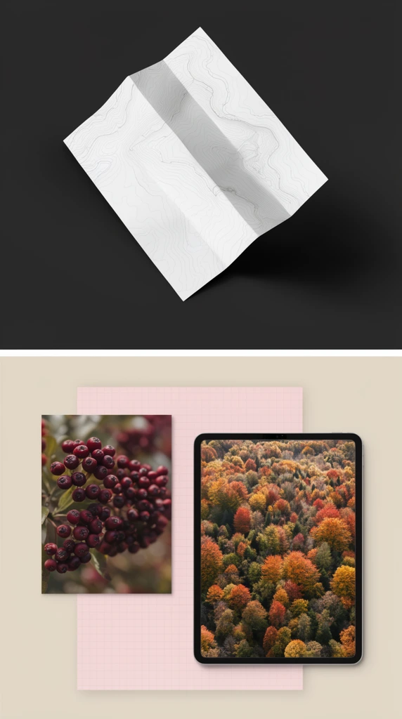 Three arranged design mockups. A partially folded white paper brochure with contour map lines floats on a dark grey background. Below, a print displaying dark red berries overlaps a pale pink grid card on a beige surface beside a tablet showcasing an aerial view of an autumn forest canopy.