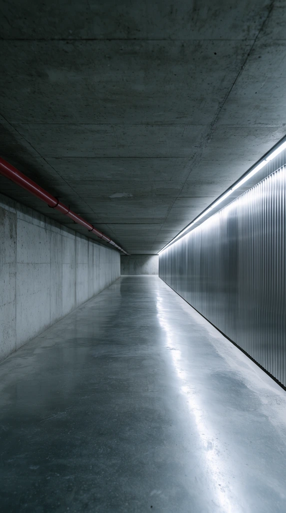 A deep subterranean concrete corridor recedes into a stark one-point perspective. The polished grey floor reflects bright artificial illumination spilling from a continuous corrugated metallic wall on the right. Opposite, a bare concrete wall features a single horizontal red pipe near the low, flat ceiling. The architectural photography highlights a brutalist, minimalist aesthetic with sharp focus, a cool monochromatic palette, and a vast, clinical atmosphere.