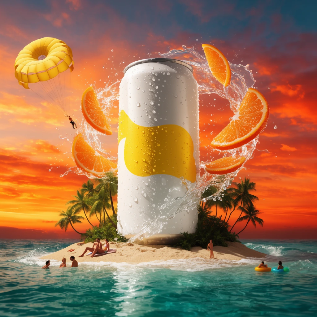 A colossal white and yellow beverage can dominates a tiny palm-fringed sandbank in a teal ocean at sunset. Dynamic water splashes and flying orange fruit slices spiral around the giant cylinder. Miniature figures relax on the sand and float in the waves beneath a fiery sky featuring a bright yellow parasail.