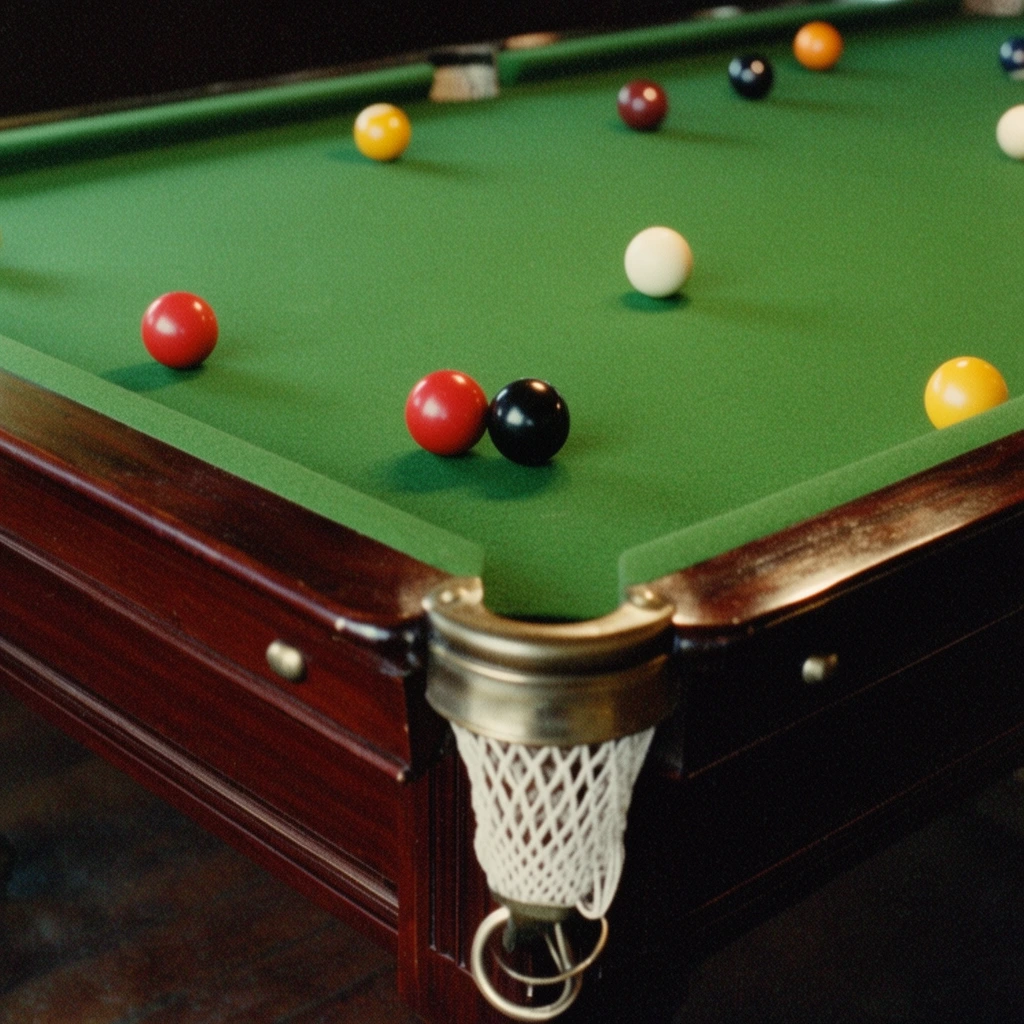 A close-up, high-angle view of a billiards table featuring a vibrant green felt surface dotted with glossy spherical balls. A dark polished mahogany rail curves around a foreground corner pocket equipped with a white woven net and metallic hardware. Scattered across the baize are brightly colored balls, including a touching red and black pair, a white cue ball, and a yellow ball. The composition utilizes a shallow depth of field, softly blurring the distant balls and dark background. Captured with soft diffused lighting, the scene emphasizes rich contrasting colors and a distinct vintage cinematic film grain texture.