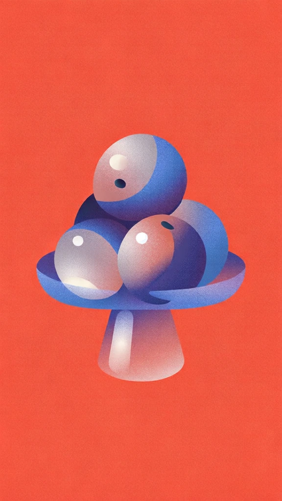 minimalist graphic illustration of a stack of round oranges on a translucent glass stand, centered on a saturated coral-orange background, heavy monochromatic stippling and coarse digital grain throughout, soft dithered gradients defining volume, shadows rendered in deep indigo and cerulean, brilliant white circular specular highlights, clean hard-edged vector silhouettes, modern editorial aesthetic, simplified geometric forms, flat but tactile dimensionality.