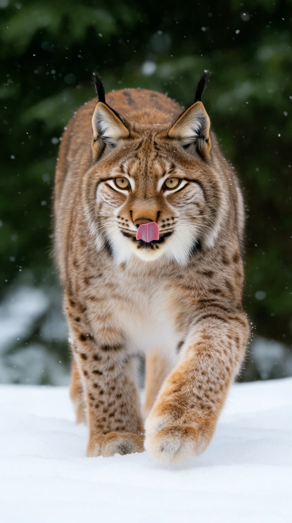 A wild lynx strides through pristine snow, its pink tongue extended to lick its nose. The feline features thick spotted brown fur, black ear tufts, bright yellow eyes, and massive paws captured mid-stride. Light snowflakes drift through the air. The crisp wildlife photography uses a shallow depth of field, isolating the sharply focused animal against softly blurred dark green coniferous trees under soft natural winter lighting.