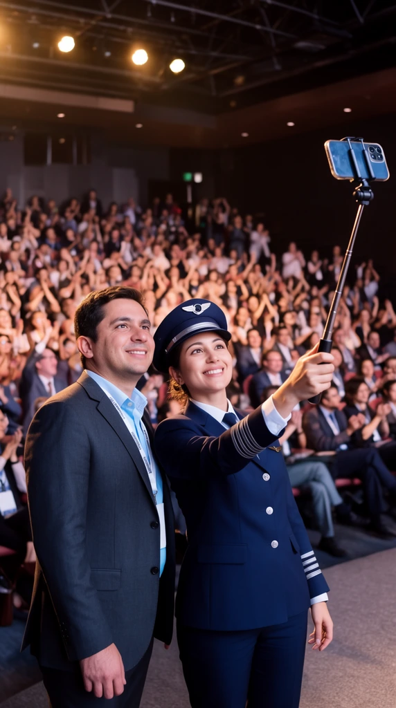 A man and a woman take a selfie on stage in front of a cheering auditorium audience. The man wears a charcoal suit jacket over a light blue shirt and a white lanyard. Beside him, the woman wears a navy blue airline pilot uniform featuring a peaked cap, silver buttons, and sleeve stripes. She extends her right arm upwards, gripping a black selfie stick with a mounted smartphone angled down toward their smiling faces. The background reveals a densely packed crowd of seated attendees in soft focus, clapping and raising hands in an energetic atmosphere. Warm yellow stage lights illuminate the dark structural ceiling overhead, highlighting the subjects in a dynamic event photography style with a shallow depth of field focusing on the foreground pair.