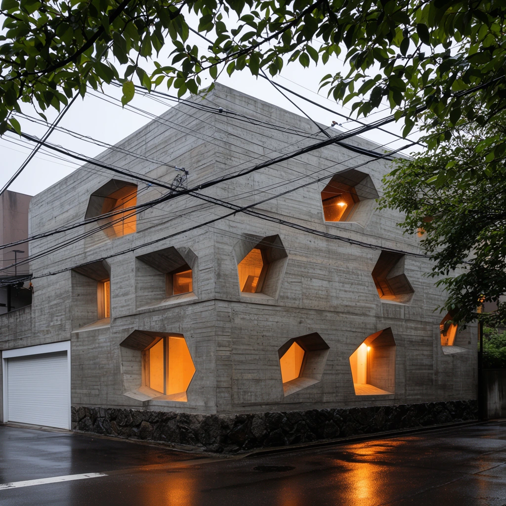 brutalist board-formed concrete building on a street corner, deep irregular polygonal recessed windows glowing with warm orange interior light, wet dark asphalt street reflecting the golden glow, overcast sky, crisscrossing overhead power lines, framing green foliage on top and right, dark rough stone foundation, white garage door to the left, architectural photography, contrast between cool gray exterior and warm illumination