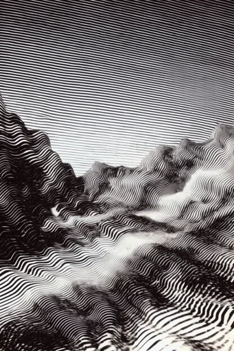 Monochrome Glitch Topography style reference image — digital signal degradation
