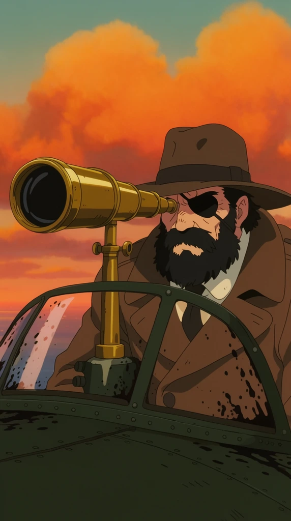 A cel-shaded animation frame of a grizzled human pilot with a thick black beard and an eyepatch looking through a large brass telescope mounted on a dark green airship cockpit windshield. The pilot wears a heavy brown trench coat and a wide-brimmed hat. Dark oil splatters mark the clear windshield. The background features a vibrant sunset sky with large puffy orange clouds. The composition emphasizes flat colors, crisp linework, and a nostalgic retro-aviation atmosphere.