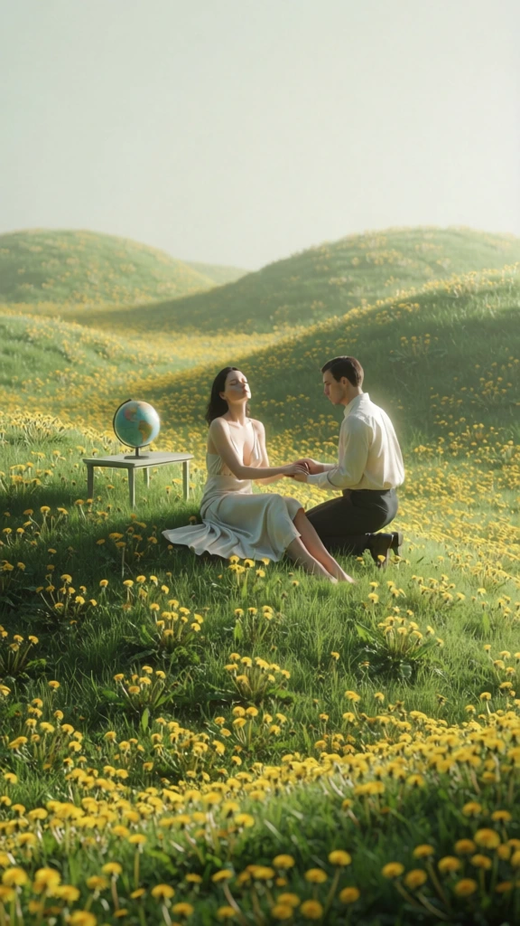 a woman in a flowing silk dress seated on a rolling verdant hill, a man kneeling beside her holding her hands, a small minimalist table with a globe to the left, set in a vast meadow of lush grass and dense dandelions, soft volumetric daylight, high-key ethereal palette, dreamy surrealist atmosphere, central balanced framing, hyper-realistic 3d render, shallow depth of field, hazy pale sky, crisp organic textures, serene cinematic mood, clean minimalist aesthetic.