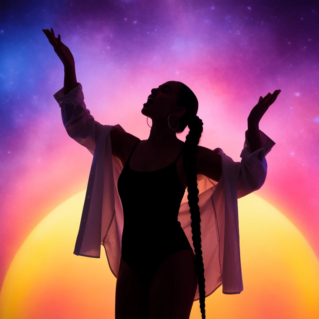 A woman in deep silhouette stands against a vibrant cosmic backdrop, her arms raised symmetrically and head tilted back in a passionate singing expression. She wears a dark bodysuit, an unbuttoned white shirt draped loosely off her shoulders, large hoop earrings, and a thick, waist-length braid. Behind her, a massive luminous yellow and orange sphere dominates the lower frame, fading smoothly upward into vibrant pinks, magentas, and a starry purple-blue sky. The dramatic studio lighting renders the figure predominantly in shadow, emphasizing the stark contrast against the ethereal, glowing celestial gradient.