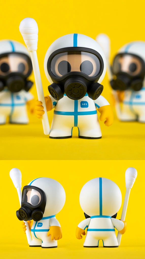 3D vinyl toy character, white hazmat suit with blue and yellow accents, black gas mask, oversized rapid test shield, giant cotton swab spear, solid bright yellow background, smooth plastic textures, studio lighting, blurred identical background figures, bottom character turnaround views