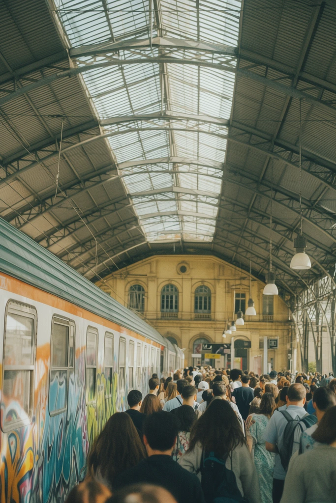 Crowded train platform, train covered in vibrant graffiti, dense group of passengers walking forward, grand arched glass and metal canopy roof filtering bright sunlight, yellow stone building with arched windows at the end, hanging pendant lights, street photography, faded vintage color palette, eye-level perspective, leading lines