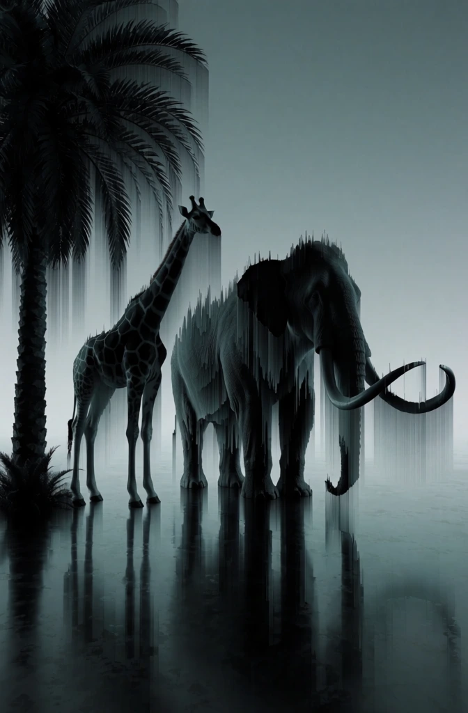 one large tusked animal and a tall giraffe standing near a large palm tree on the left, rendered in a high-contrast pixel sorting glitch aesthetic, vertical digital streaks and liquid melting patterns bleeding downward, sharp jagged topographical textures, monochromatic charcoal and muted teal palette, abstract digital distortion, vertical linear noise, minimalist silhouettes of wildlife and flora dissolving into a waterfall of vertical pixels, desaturated atmospheric tones.