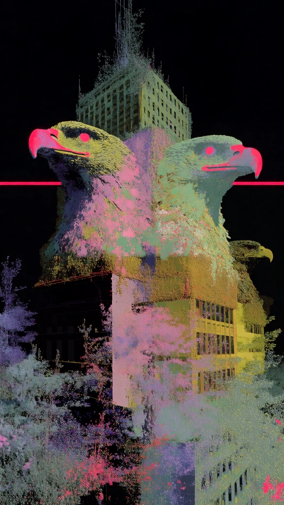 skyscraper with massive eagle-head gargoyles, point-cloud digital impressionism, intricate stippled textures of neon pink, lime green, and lavender pixels, high-contrast composition against a pitch-black void, sharp horizontal red neon line cutting across the upper frame, granular lidar-scan aesthetic, layered architectural details dissolving into colorful digital grain, atmospheric and surreal, hyper-detailed noise, flat graphic quality