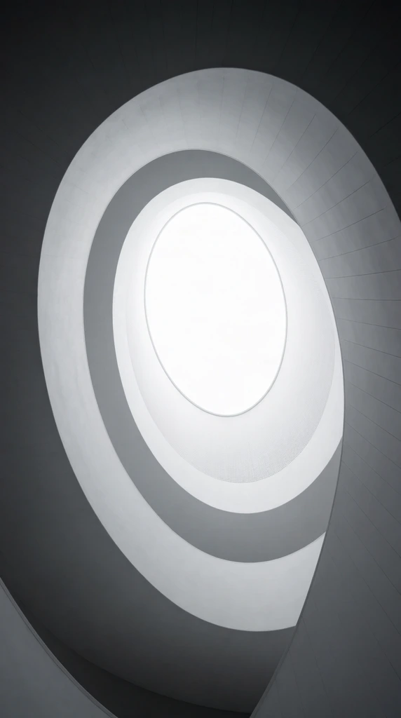 A dramatic low-angle perspective looking straight up through the center of a sleek architectural spiral. Concentric, asymmetrical ovals create a deep vortex leading to a brilliant white elliptical skylight at the apex. The smooth, sweeping interior walls are finished in a minimalist monochrome palette, featuring soft gradients from bright white at the center to deep charcoal gray in the peripheral shadows. Subtle structural details include delicate panel seams radiating on the wide outer curves and a faint grid texture lining the vertical surface of the innermost ring. Diffuse lighting washes over the twisting geometry, emphasizing the fluid sculptural forms and the stark, high-contrast transition between the luminous core and the dark foreground edges.