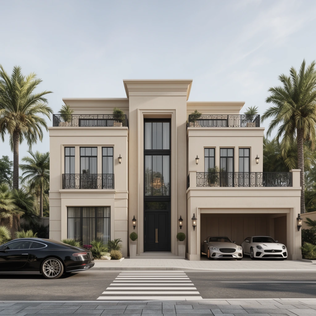 Modern beige luxury villa, geometric architecture, black framed windows, wrought iron balconies, parked luxury cars, palm trees, street crosswalk, photorealistic render