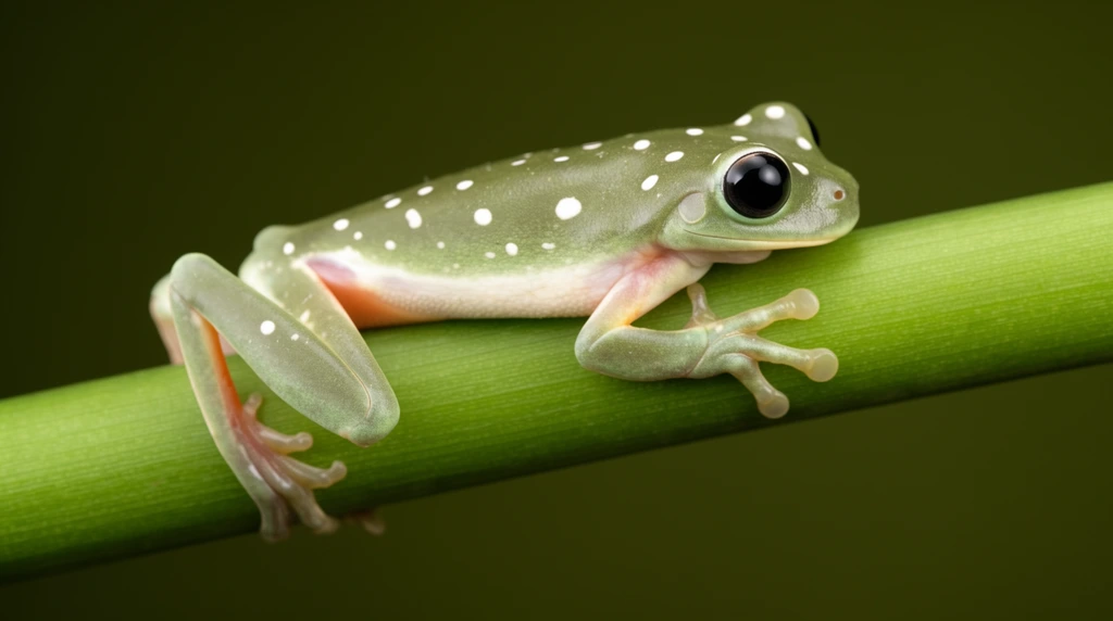 A light green tree frog with bright white spots clings horizontally to a vibrant plant stem against a smooth, dark olive background. The small amphibian features a pale moss-green back, a cream underbelly, and large, bulbous black eyes. Its slender limbs end in delicate, slightly translucent toes with round gripping pads, while the inner thighs reveal a soft pinkish-orange hue. The frog stretches along the thick, textured green stalk, gripping firmly with reaching front legs and tucked hind legs. Shot as a high-resolution macro photograph, a shallow depth of field sharply focuses on the frog and immediate stem, blurring the background into a uniform green void. Soft, diffused lighting accentuates the moist, smooth texture of the skin and the vivid color contrasts, creating a crisp wildlife portrait.